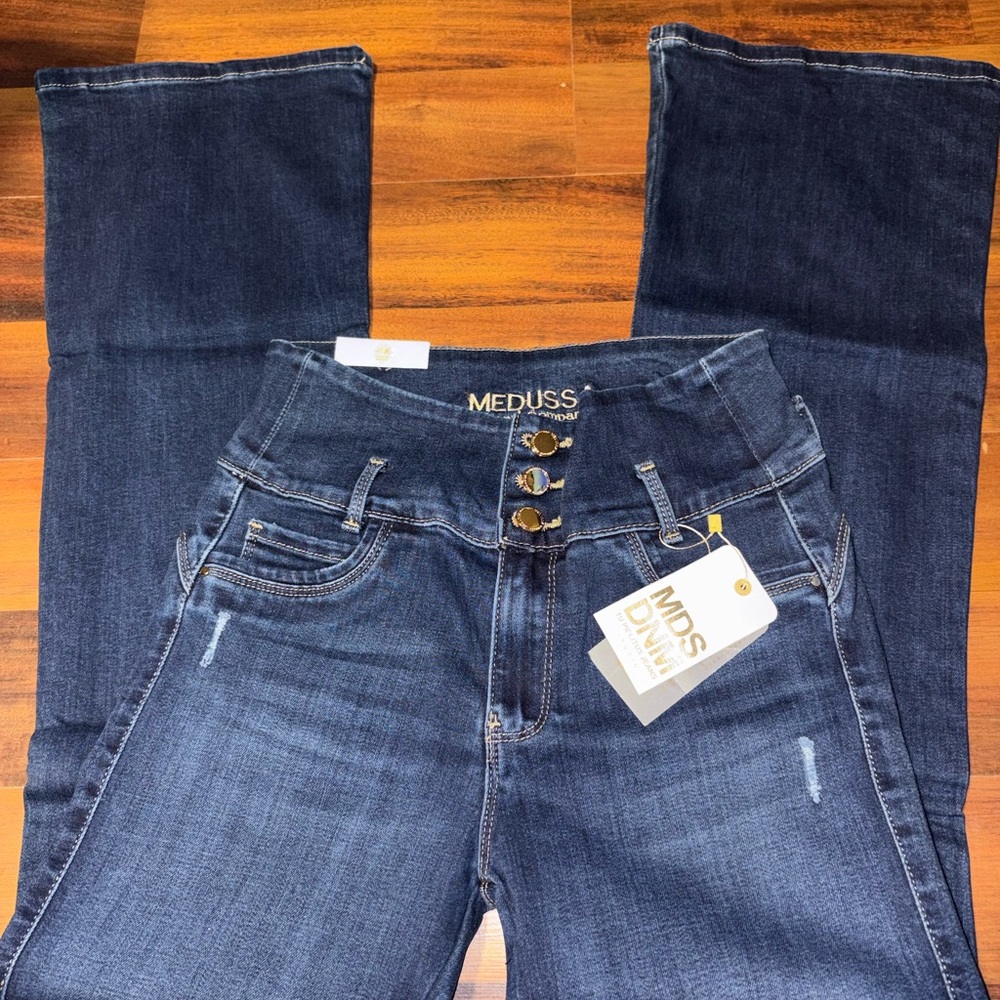 Meduse Dark Blue High-Rise Women's Jeans with Triple Button